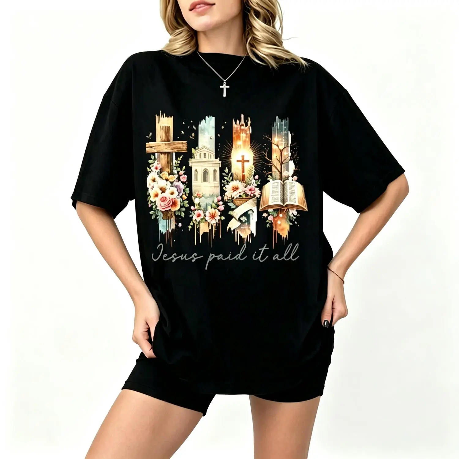 Women's Jesus Paid It All Cotton T-Shirt - Vintage Religious Easter Cross, Casual Round Neck Streetwear Top