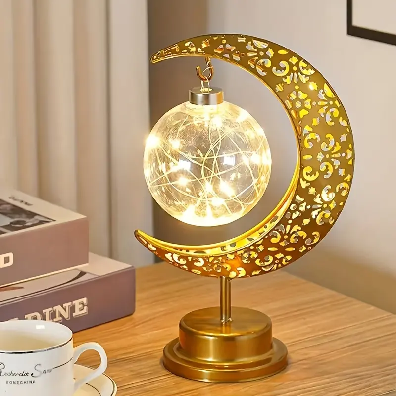 Islamic Crescent Moon & Star LED Table Lamp with Warm White/Golden Light - Muslim Prayer, Religious Home Decor, Ramadan & Eid Decor, Decoration, Plastic & Golden- Dome for Bedside,, Islamic Décor