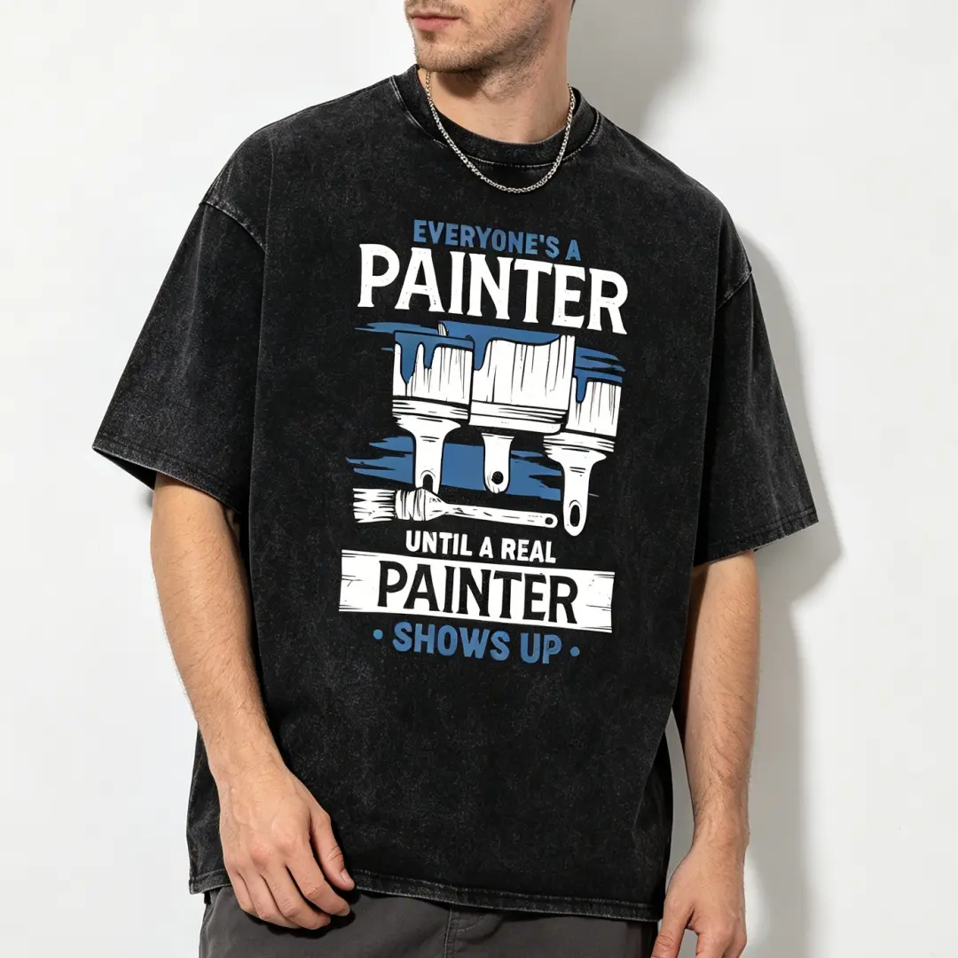 Men's Vintage Acid-Wash Heavyweight Cotton T-Shirt - Loose Short-Sleeve, Oversized Drop-Shoulder, Artist Painter Graphic, Unisex Streetwear Casual Daily Gift Tee, Acid-Wash Men's Short-Sleeve Tshirts