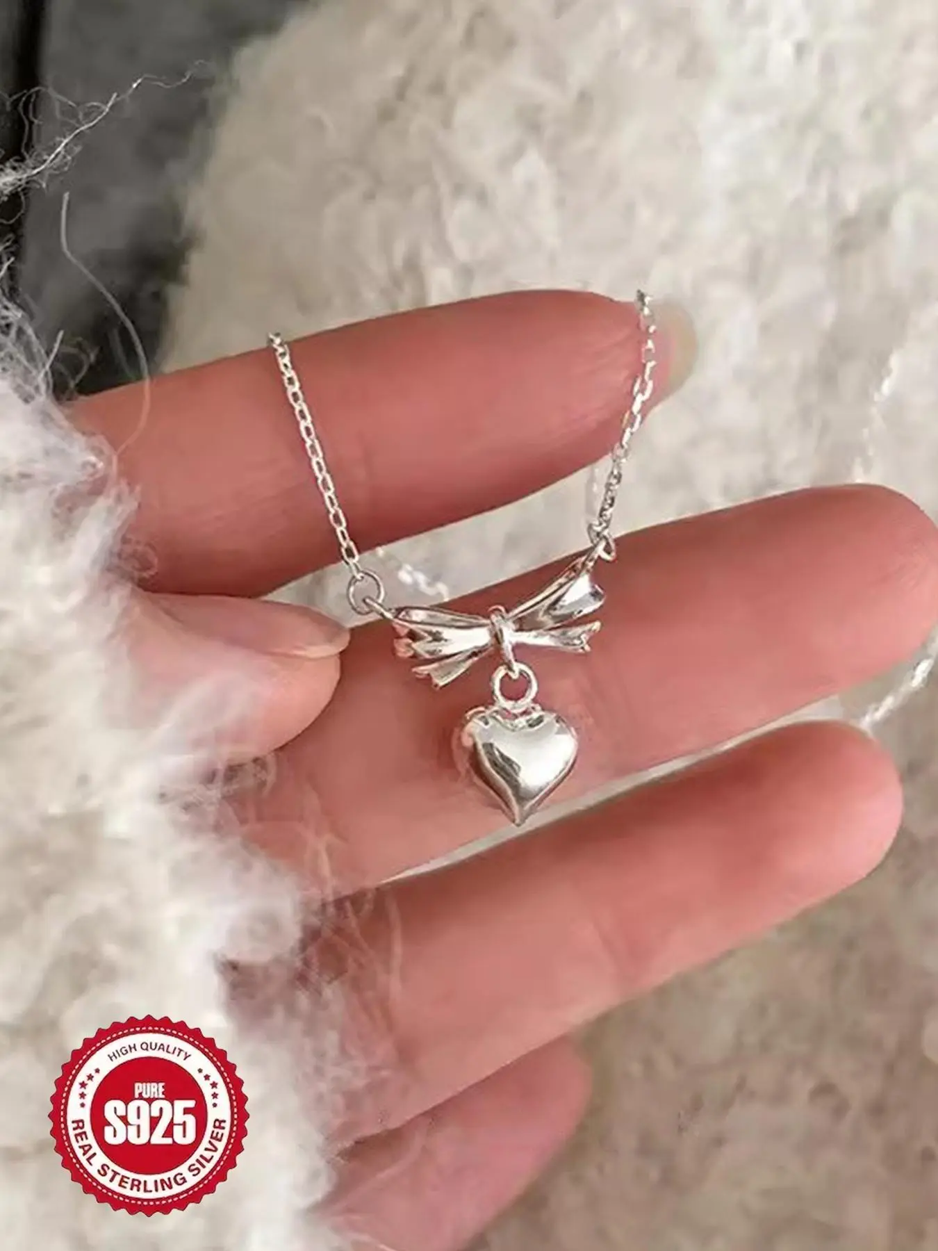 S925 Sterling Silver Cute Bowknot & Heart Design Pendant Necklace, Fashion Jewelry for Party, Daily Clothing Decor, Trendy All-match & Exquisite Jewelry for Gift