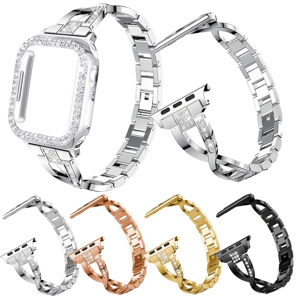 X-shaped Synthetic Diamond Band+ Rhinestone Protective Case for Apple Ultra 3/2/1 49mm. Stainless Steel Strap for iWatch 11/10/9/8/7/6/5/4/3/2/1. Suitable for 38mm, 40mm, 41mm, 42mm, 44mm, 45mm, 46mm. Elegant And Stylish Women's Watch Band