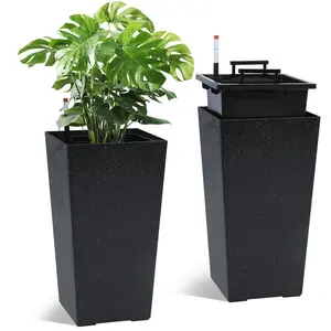 🌿 Set of 2 Self-Watering Planters – 23" & 16" Tall Indoor/Outdoor Plant Pots with Drainage & Water Level Monitor – Black & White for Porch, Patio or Garden! ✨