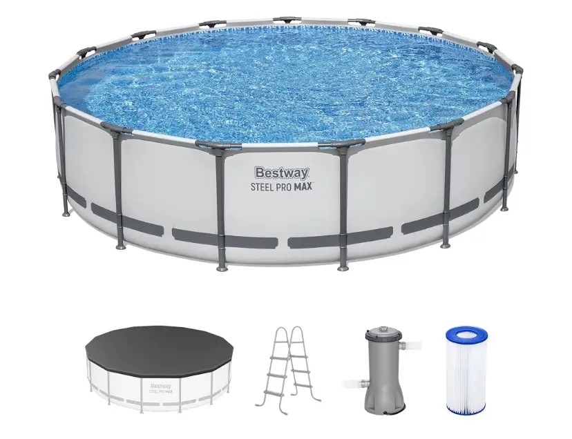 Bestway Steel Pro MAX 15' x 42" Above Ground Pool, Round Metal Frame Outdoor Swimming Pool Set with Filter Pump, Ladder, and Cover, Gray