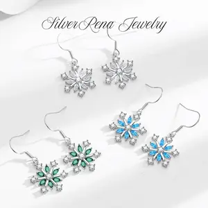 Exquisite Snowflake Hook Earrings with Green 5A Cubic Zirconia, Elegant and Christmas Style Ear Jewelry for Women, Safe for Daily Wear in Winter, Romantic Fishhook Earrings Gift to Girls