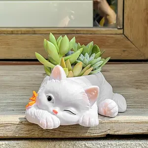 1pc Cartoon Lying Cat Flower Pot, PVC Cute Kitten Decorative Planters, Home Living Room Tabletop Entryway Courtyard Decoration, Creative Family Outdoor Garden Planter for Succulents Decorative Ornament