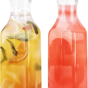 GUSTO [50 oz - 2 Pack] Plastic Carafe with Lid, Large Capacity Square Base - Clear Pitcher with Flip Top Lid, Set Drinkware Jugs Glass Serving Mugs Containers Pour