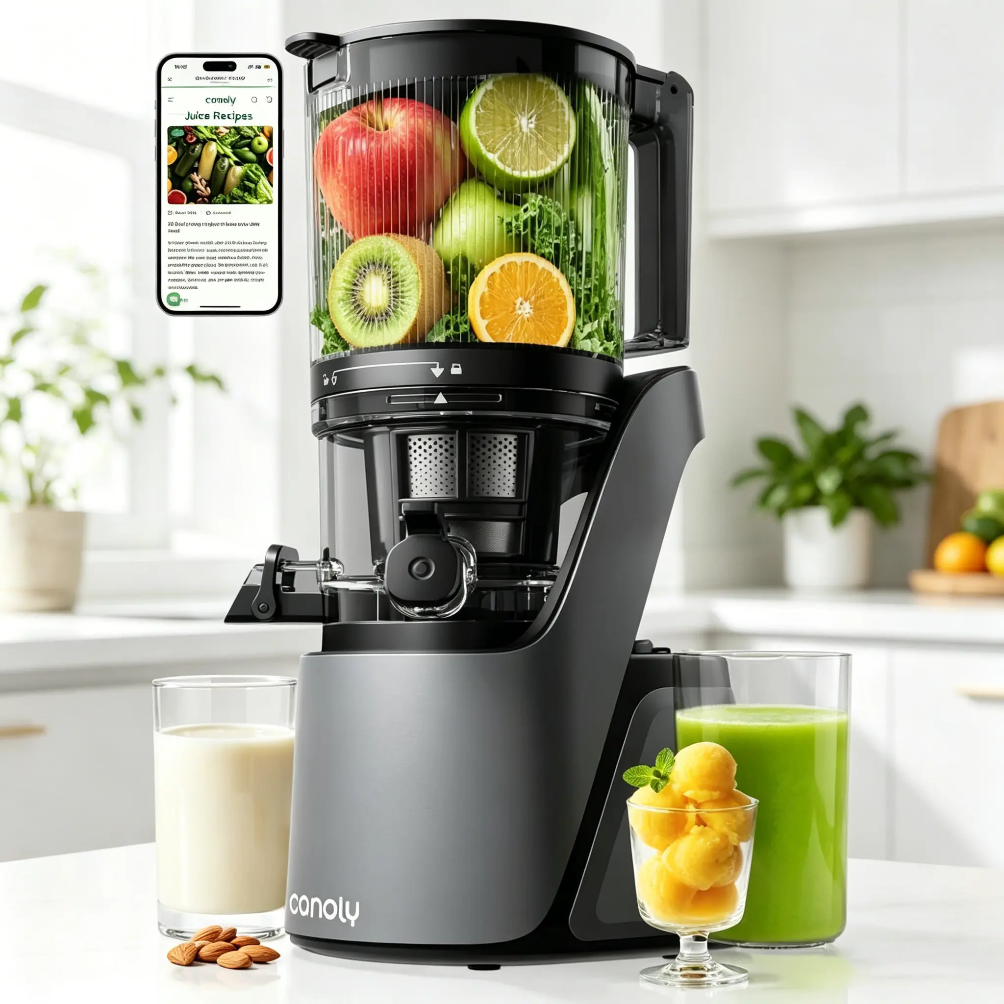 Canoly C16 Cold Press Juicer, 6" Extra Wide Feed Chute, 3-IN-1 Strainers (Juice & Sorbet & Nut Milk), Powerful AC Brushless Motor, Self Precut System, Juicer Machines with BPA-Free