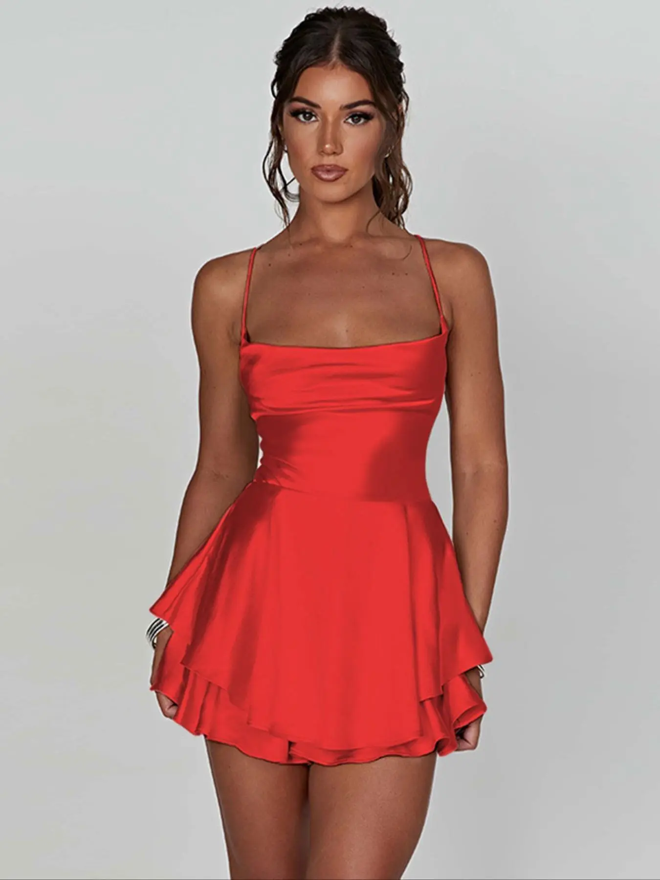 Women's Plain Lace Up Backless Tiered Layer Stretchy Satin Cami Dress, Summer Clothes Women, Womenswear, Elegant Women's Plain Lace Up Backless Tiered Layer Stretchy Satin Cami Dress, Summer Clothes Women, Womenswear, Elegant