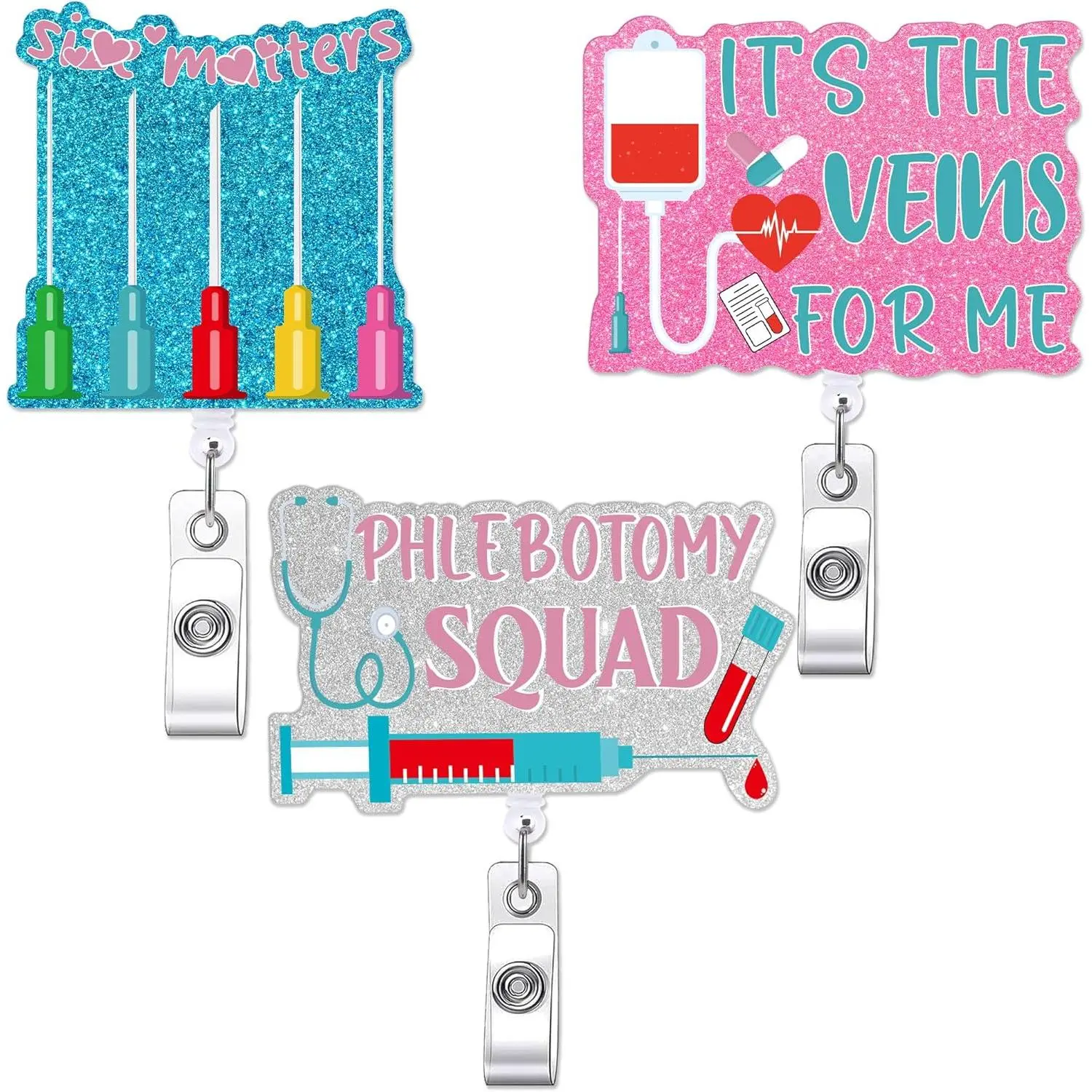 BY-BR ZC 3 Pcs Phlebotomy Badge Reels, Funny Retractable Badge Reel with Swivel Clip, Gifts for Phlebotomist Nurse Nursing Staff