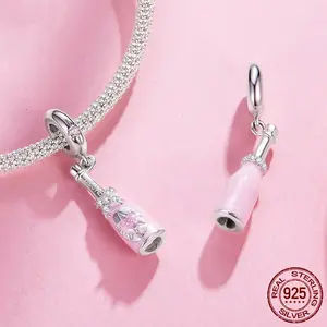 Pink Champagne Bottle 925 Sterling Silver Charm Bead for Bracelets