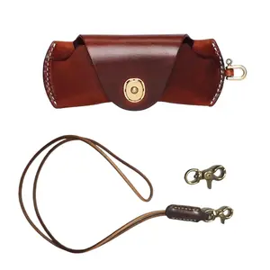 The First Layer Of Cowhide Leather Glasses Case Nearsighted Glasses Sunglasses Men And Women Portable Lanyard Storage Box Tanned  Vintage