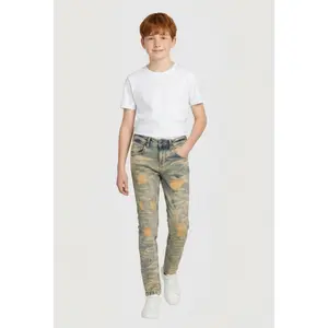 Boys Mid Rise Distressed Whiskered Skinny Jeans