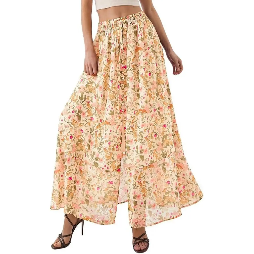 PrettyGarden Summer Maxi Long Skirts for Women Trendy Boho Floral High Waisted Slit Flowy Travel Beach Vacation Clothes#Summervibes