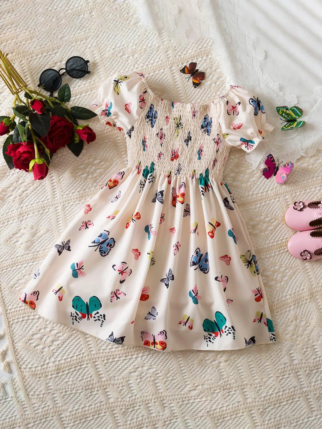 Girl's Butterfly Print Short Sleeve Dress, Casual Dress for Summer, Kids Clothes for Daily Wear
