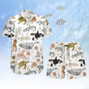 Ocean Sea Animals Hawaiian Shirt Shorts Set Orca Whale Octopus Turtle Dolphin Print Men Women Beach Summer Casual Loose Matching Outfit Sunbathing Pool Party Marine Life Lovers