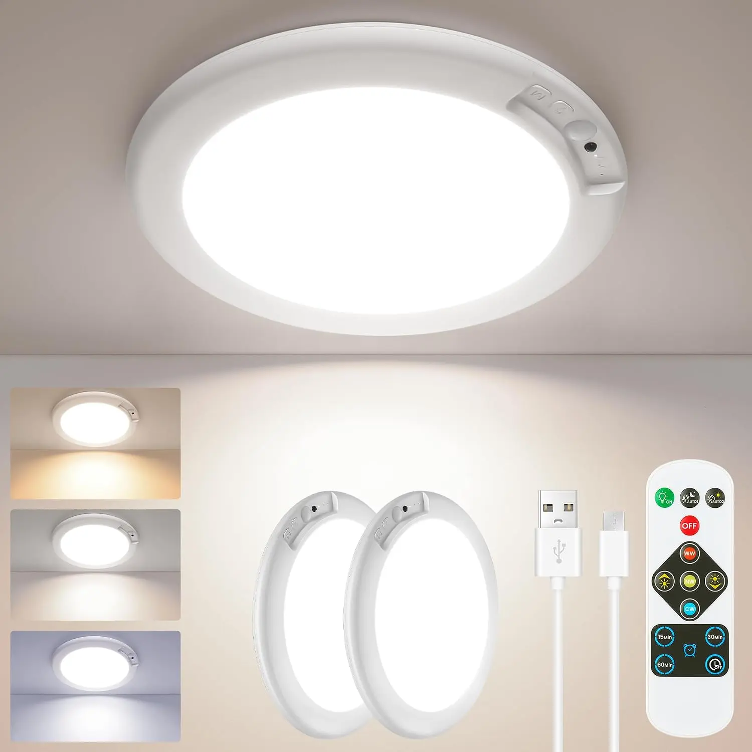 1/2-Pack Rechargeable Motion Sensor LED Ceiling Lights with Remote Battery Operated Wireless Closet Lights, Magnetic Suction, 3CCT Dimmable for Shower, Pantry, Laundry, Hallway, Bathroom
