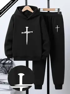 Teen Boys Spring & Fall Set, Thin Hooded Sweatshirt Set, Cool Cross Sword Print Hoodie, Fashion Casual Hooded Pullover, Youth Printed Leisure Clothing