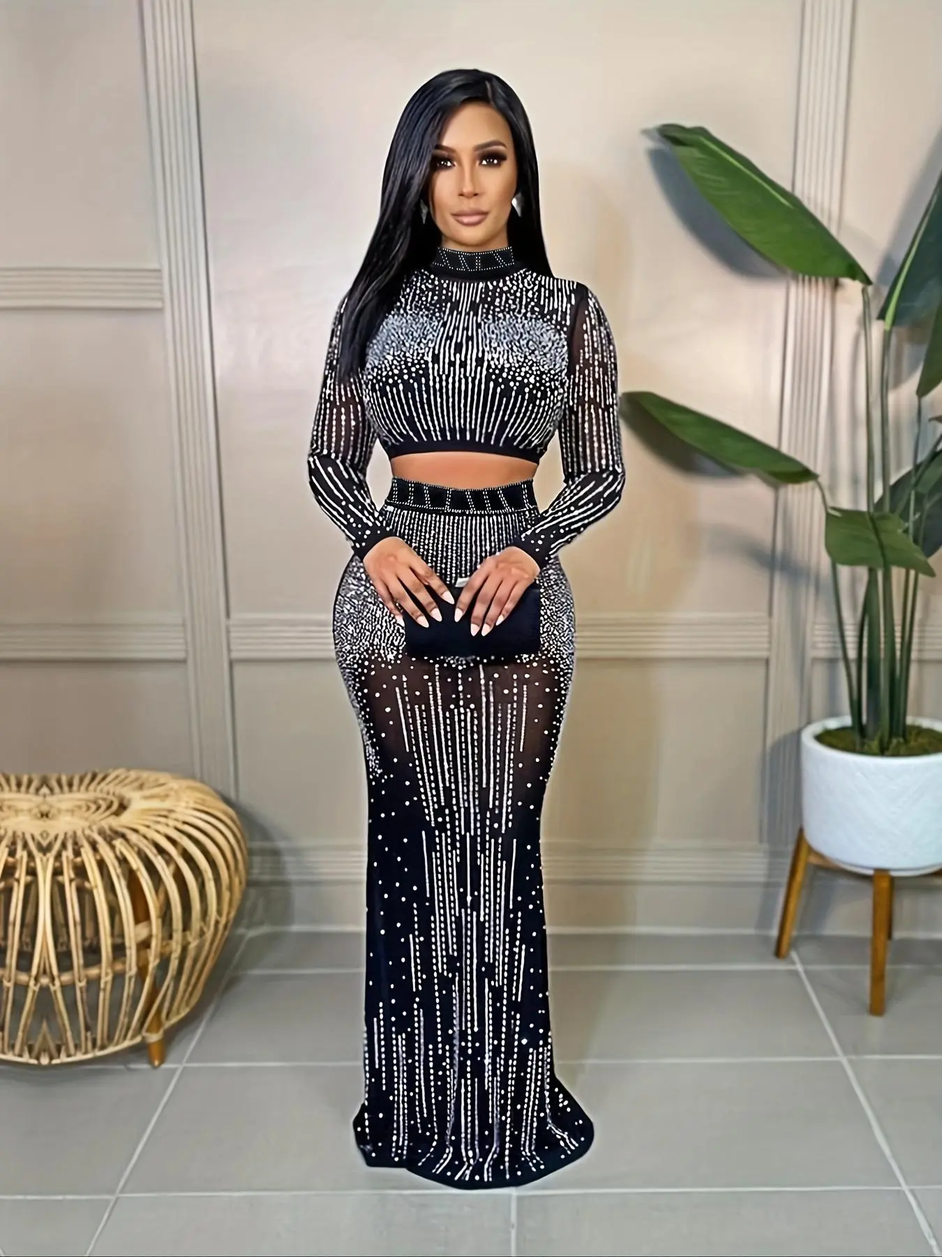 Women's Sexy Glitter Rhinestone Sheer Crop Top & Bodycon Skirt Set, Long Sleeve Mock Neck Top & Maxi Skirt Set for Party Club Dating, Ladies Summer Clothes, Womenswear