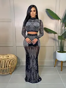 Women's Sexy Glitter Rhinestone Sheer Crop Top & Bodycon Skirt Set, Long Sleeve Mock Neck Top & Maxi Skirt Set for Party Club Dating, Ladies Summer Clothes