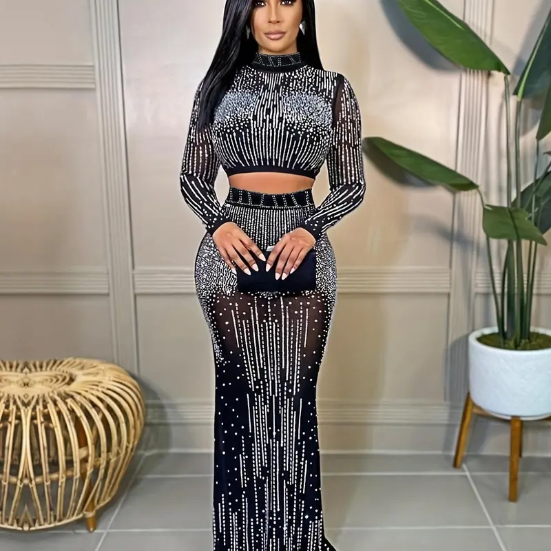 Women's Sexy Casual Glitter Rhinestone Sheer Crop Top & Bodycon Skirt Set, Long Sleeve Mock Neck Top & Maxi Skirt Set for Party Club Dating, Ladies Summer Clothes