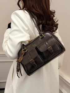 women's elegant solid color shoulder bag, fashionable pu leather bag for daily used, leather satchel, daily commuter purse, casual trendy versatile high-quality daily commuting bag, unique gifts for women, purse women, ladies purse