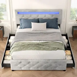 Queen Size Upholstered Platform Storage Bed Frame with 4 Drawers and LED Light,No Box Spring Needed Unique Bedroom Furniture room accessories queen size bed frame
