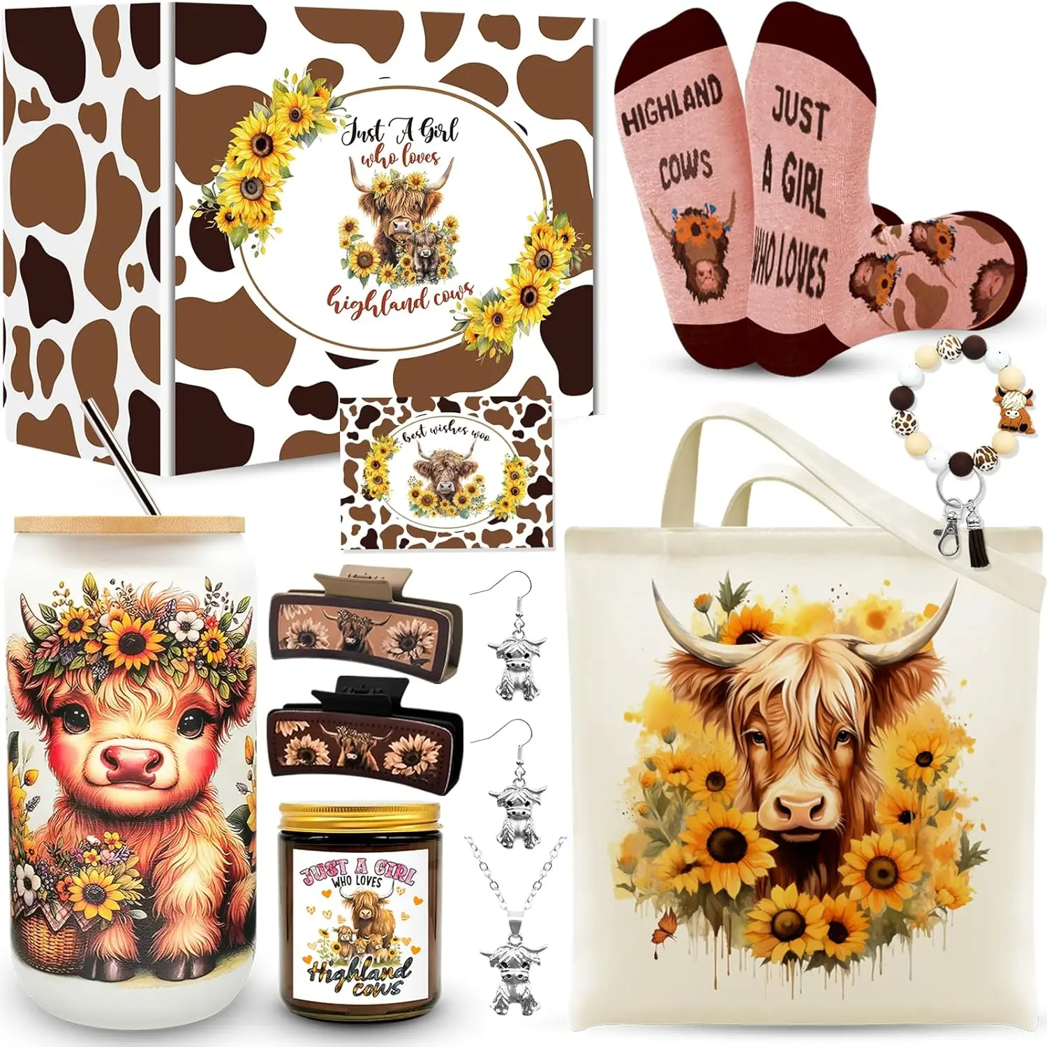 Highland Cow Gifts for Women - Highland Cow Themed Gifts, Includes Canvas Tote Bag, Glass Cup, Hair Claw Clips, Socks & Candle Card