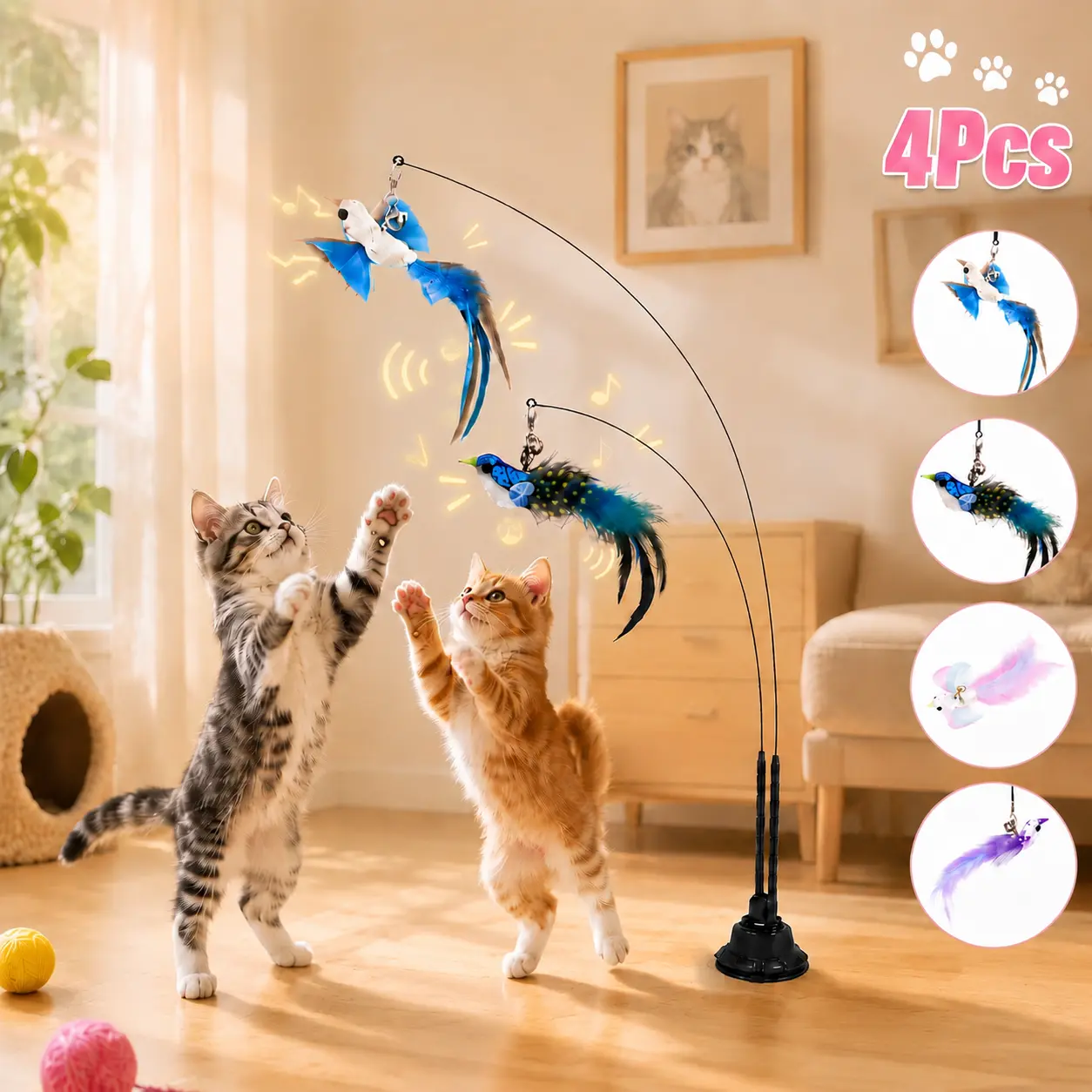 2-in-1 Interactive Cat Toy with Super Strong Suction Base, Dual Mode Hands-Free Wand & 4 Pack Colorful Feather Birds for Solo & Bonding Play