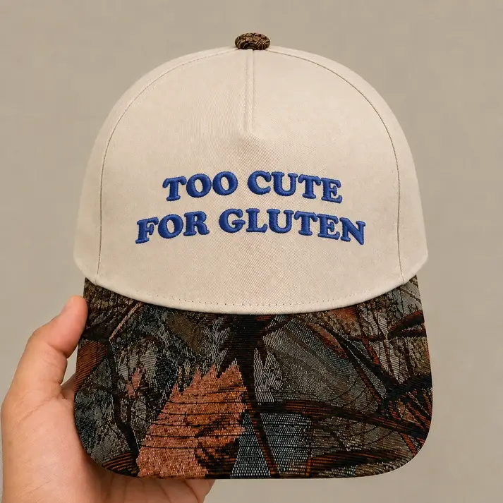 Too Cute for Gluten Hat | Funny Gluten Free Embroidered Baseball Cap | Adjustable Snapback with Woven Tapestry Brim | Celiac Gift