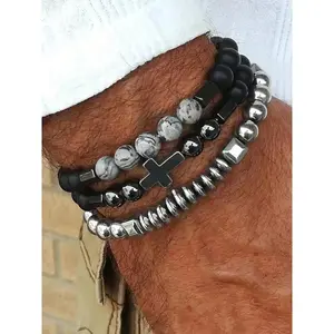Men's Stainless Steel Cross Pendant Bracelet Set, Casual Beaded Design, Agate Stone, Perfect for Daily Wear & Parties
