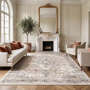 YIHOUSE Boho Style Rug - Washable Vintage Flat-Weave, Non-Slip Low-Pile Soft Carpet, Neutral-Tone Room Decor for Living Room, House Decor Home Accessory