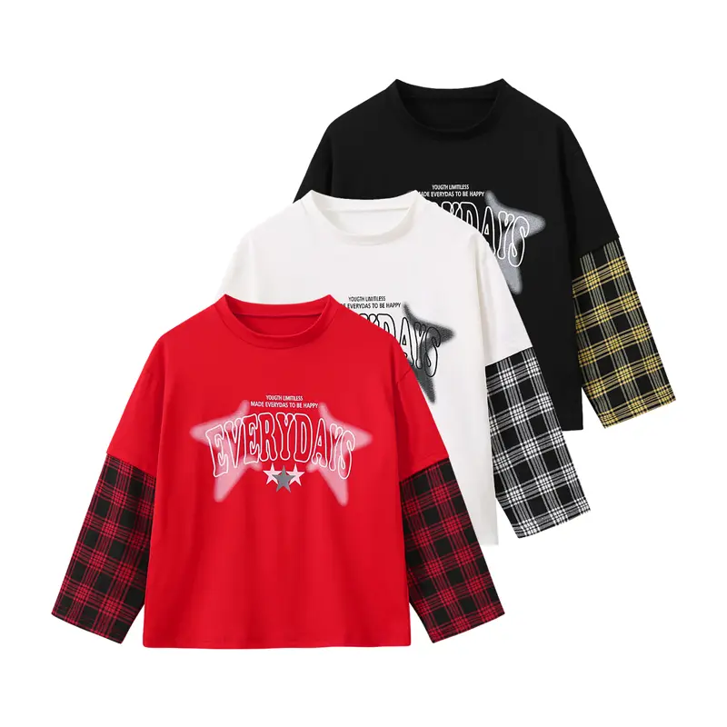 3-piece set girls' autumn and winter color-block plaid sleeve long-sleeve checkered patch with star print kids' T-shirt casual versatile cool top for girls Kids' clothes
