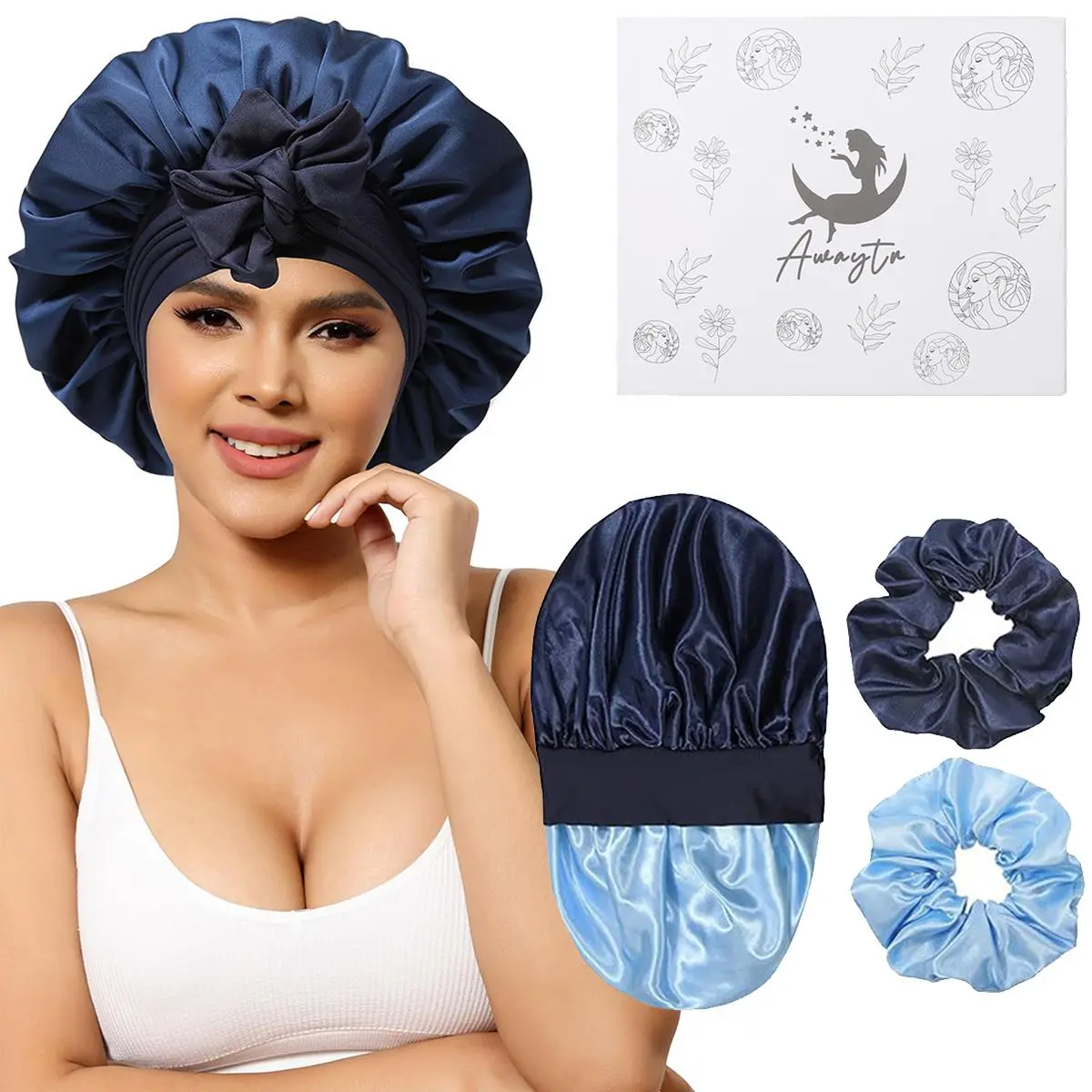 AWAYTR Long Satin Hair Bonnet for Women, Reversible Double Layer Sleep Cap with Tie Band for Smoothing Curly Styles, Braids & Wavy Hair, Includes 2 Scrunchies, Haircare, Hydration, Blue Bonnet + 2Pcs Scrunchies\T, Detangle, Weaves, Polyester, Anti-Frizz