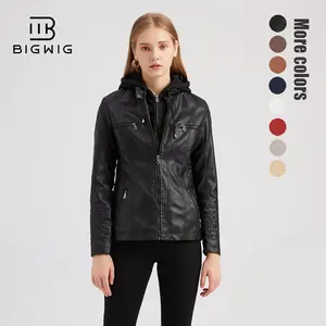 Women's Black PU Leather Biker Jacket with Removable Hood Faux Leather Motorcycle Coat Long Sleeve Street Fashion S-XL Outerwear