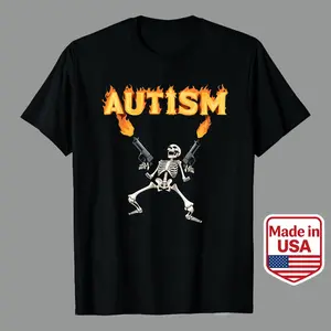 Edgy Skeleton Design With Flames And Guns Autism Text Men's Casual Graphic Tees 100% Premium Cotton Unisex T-Shirt Perfect For Bold Statements Year Round Men's Casual Graphic Tees 100% Premium Cotton Unisex T-Shirt Casablanca Patterned cookies clothes