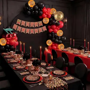 133 Pcs Red Black Cheetah Birthday Decorations Kit, Leopard Print Party Supplies Includes Cheetah Plates Cherry Balloons Banners Tablecloths Cups Napkins for 24 Guests Safari Jungle Animal Women Party