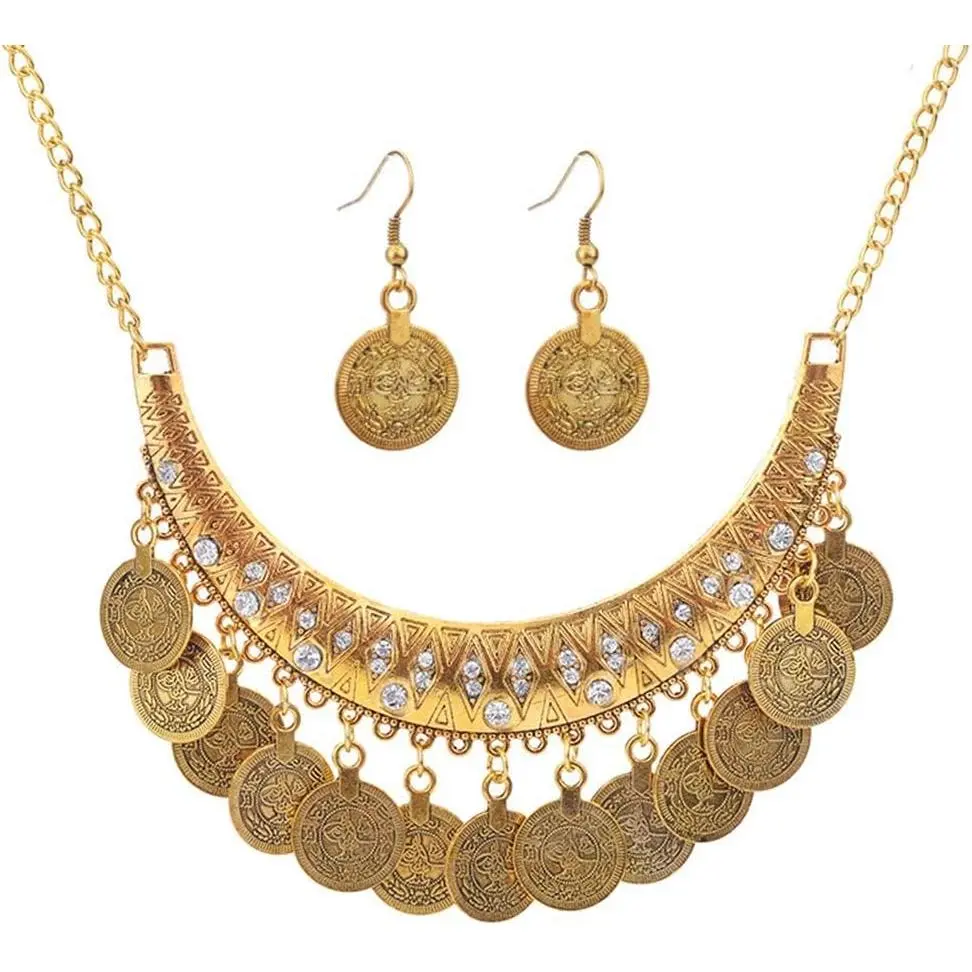Gypsy Jewelry Set Hallowen Costume for Women Gold Coins Necklace Earrings Belly Dance Jewelry Accessories Egyptian Renaissance Fortune Teller Costume