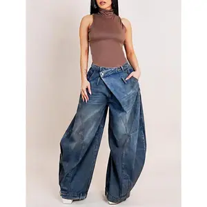 New vintage distressed washed reverse waist jeans for women funky jeans