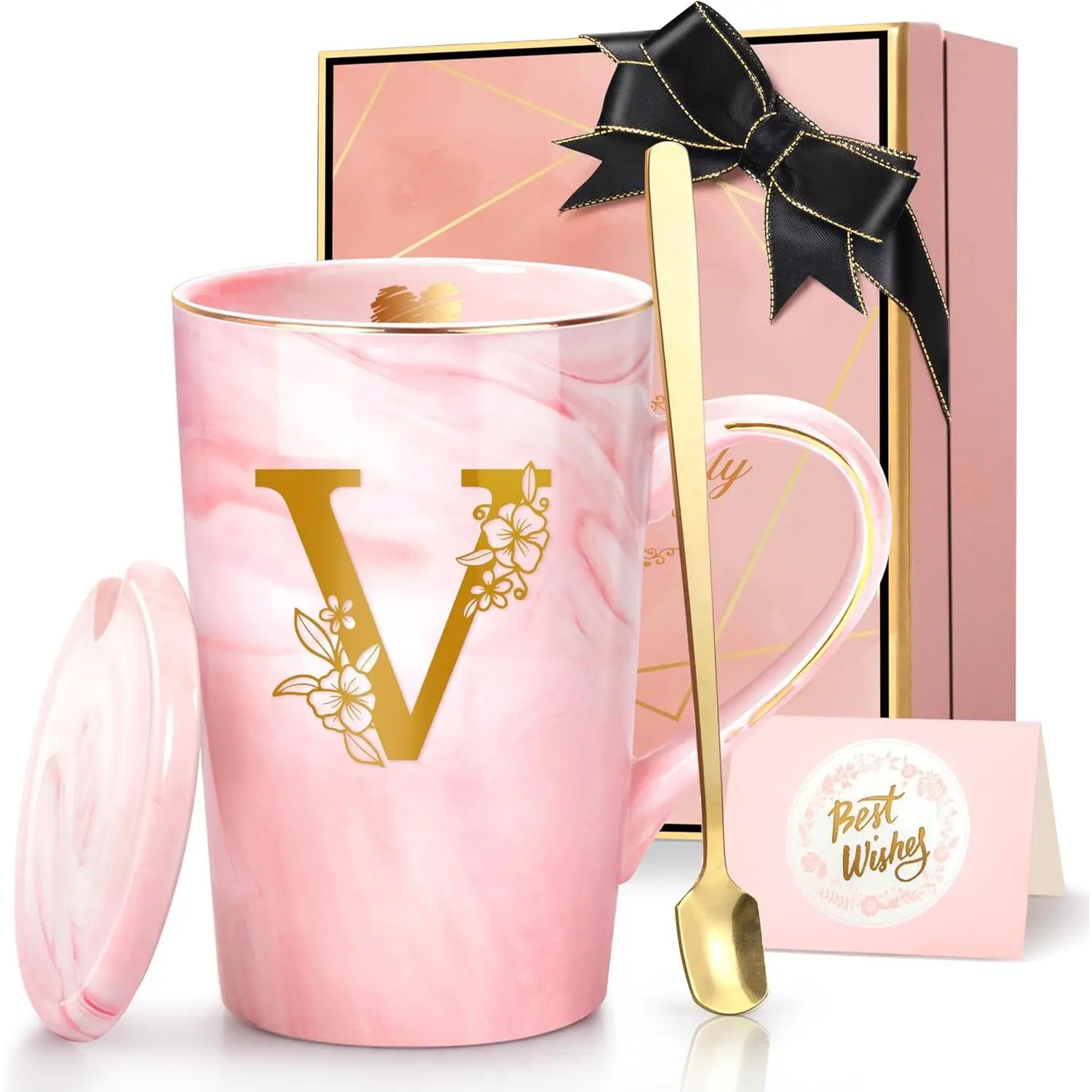 Coffee Mugs - Birthday Gifts for Women, Personalized Initial Customized Mug  Cup with Lid 14 Oz , Spoon Greeting Card, Luxury -Boxed Christmas  for Her Wife Mom Grandma  ,V