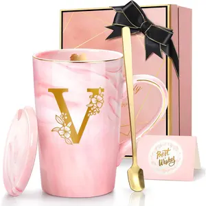 Coffee Mugs - Birthday Gifts for Women, Personalized Initial Customized Mug  Cup with Lid 14 Oz , Spoon Greeting Card, Luxury -Boxed Christmas  for Her Wife Mom Grandma  ,V