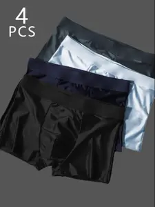 Men's Ice Silk Fabric Underwear Set, 4 Pcs Solid Color Fitted Boxer Shorts, Breathable Comfortable Fit, Ideal for Summer Wear