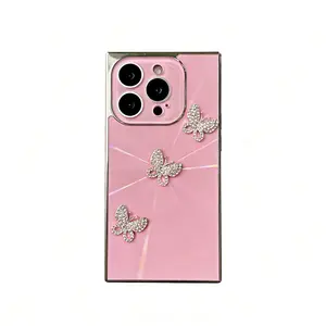 Luxury 3D Rhinestone Butterfly Square Edge Phone Case, Bling Glitter Electroplated Full Camera Protection Shockproof Cover for junk
