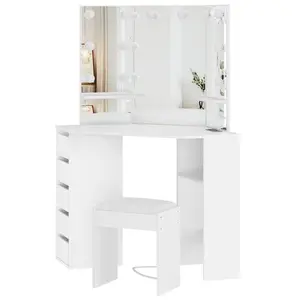 White Corner Vanity Desk Set with 3 Folding Lighted Mirrors Makeup Vanity Table Charging Station 5 Rotating Drawers and Storage Bench for Bedroom, Corner Shape
