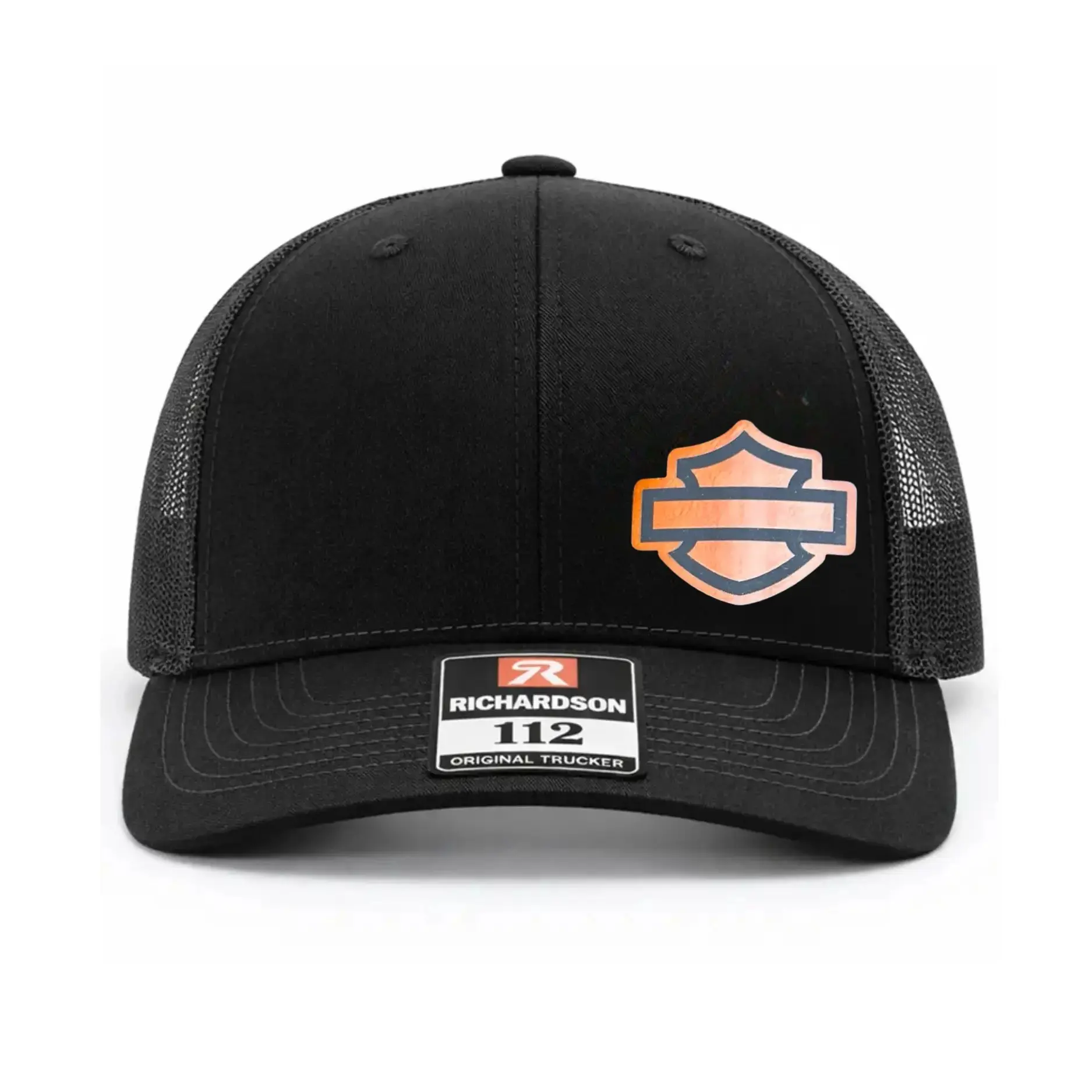 Motorcycle Leather Patch Trucker Hat - Richardson 112 Snapback Cap, Biker Mesh Back Hat for Men, Rider Lifestyle Hat, Black Leather Patch Cap, Motor Club Trucker Hat