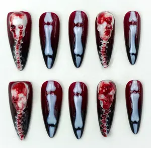Skull Bone Press On Nails Set 3D Horror Halloween Red Black Skeleton Stiletto Nail Art Handmade Nails for Beaches, Summer, Holiday, Vacation, Birthday