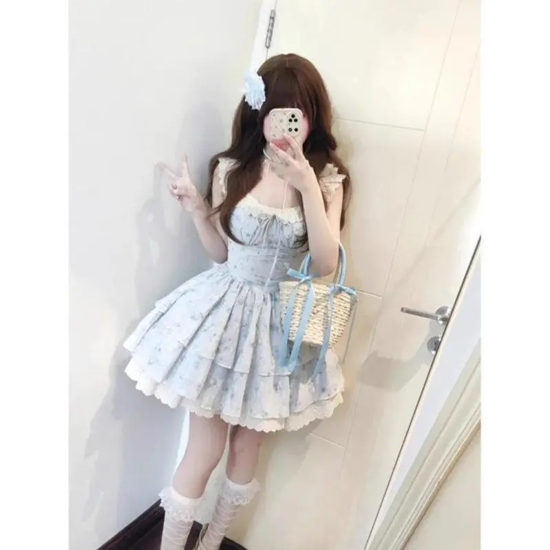 Sweet Spicy Floral Tiered Mini Dress, Flutter Strap High Waist Cake Princess Summer Dress