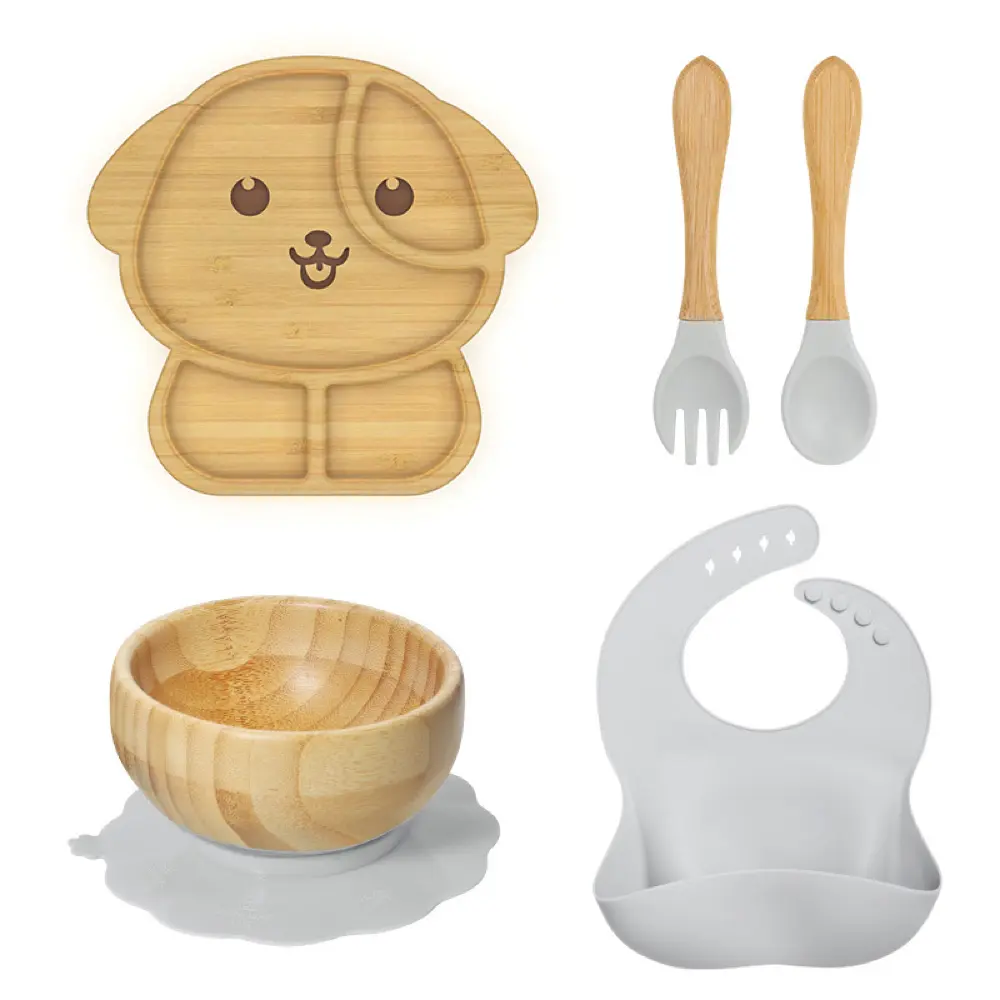Adorer.care 5 Pieces Bamboo Plates and Bowls Set, Includes 2 Covered Spoons and a Soft Silicone Tipped Fork, BPA-Free and Easy to Clean