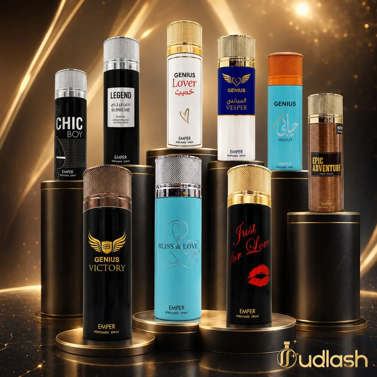 Oudlash Bundle | Emper Body Spray | Hayati + Legend Supreme + Lover + Vesper + Epic Adventure + Genius Victory + Bliss and Love + Just For Love + Chic Boy | Unisex Fragrance | 200ML | Eau De Parfum | Mandarin Orange, Orange, Saffron, and Sage.
