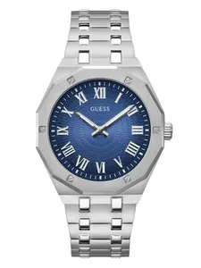 GUESS Male Silver-Tone and Blue Octagonal Analog Watch