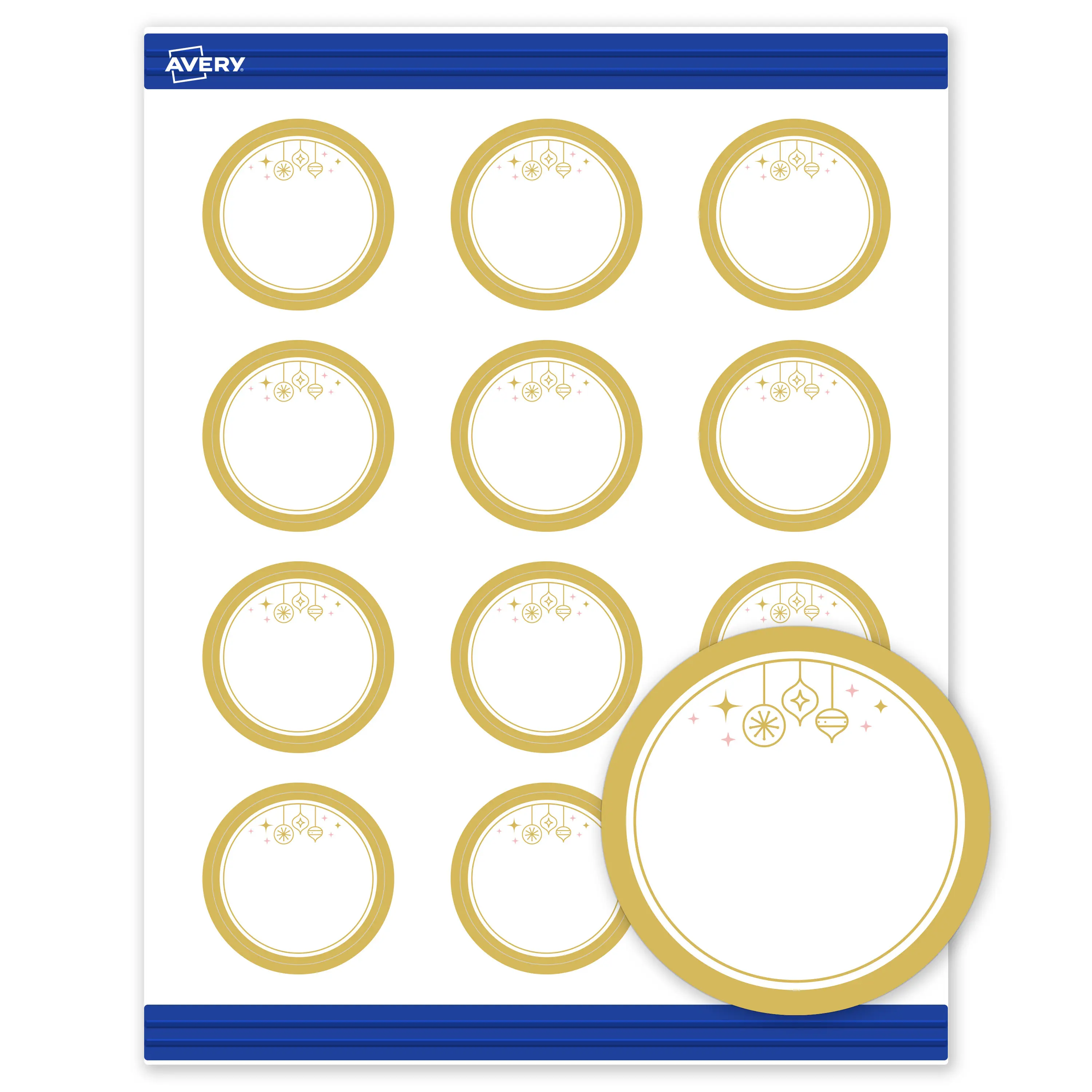Avery® Printable Christmas Round Business Cards, 2" Diameter, Matte White, Pre-printed Metallic Gold Hanging Ornaments Design, Sure Feed® Technology, Laser & Inkjet Compatible, 240 Total